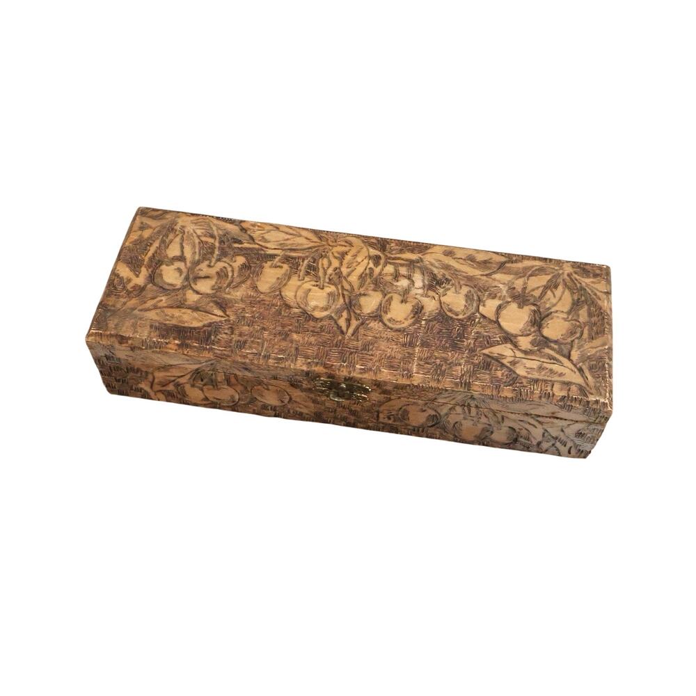 Antique Flemish 681 Art Cherry Hand Carved Burnt Wood Glove Box Pyrography 1900s